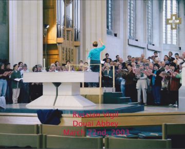 Rehearsing Rachmaninov's All-Night Vigil with Janet LincÃ© at Douai Abbey, March 2003